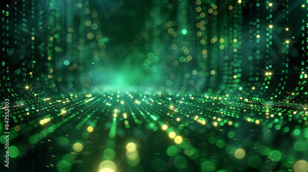 Poster abstract wave with soft green glowing bokeh light background.