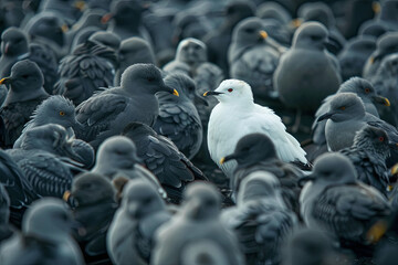 Obraz premium Single white bird standing out among a crowd of gray birds