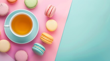 Obraz premium A cup of tea with cute colorful macarons delicious sweet dessert isolated on colorful background