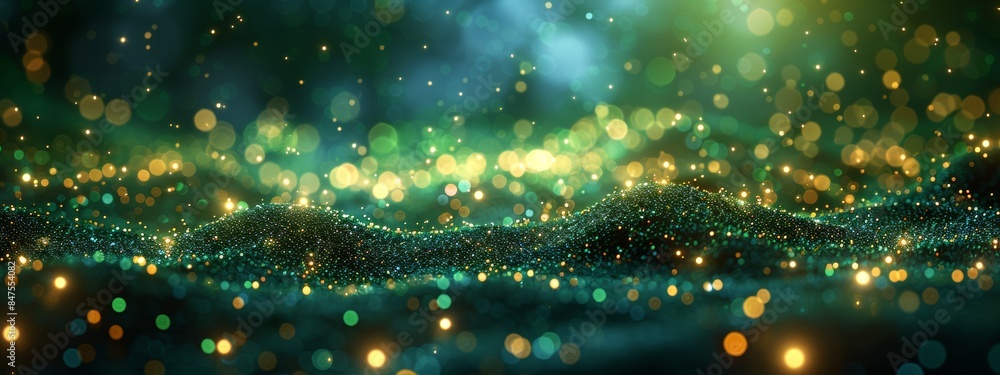 Poster abstract wave with soft green glowing bokeh light background.