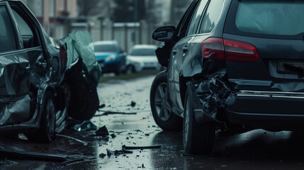 Accident between two cars. Severe damage and torn metal