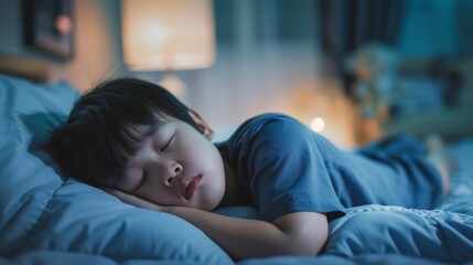 Asian kid boy struggling to sleep at night