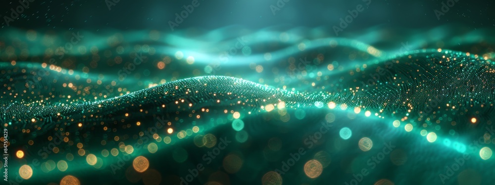 Poster abstract wave with soft green glowing bokeh light background.