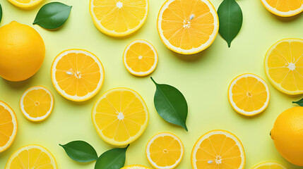A collection of fresh citrus fruits like oranges and lemons on bright green background