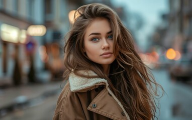 Fototapeta premium A woman with long brown hair is standing on a city street. She is wearing a brown coat and a scarf. The street is lit up with lights, creating a warm and inviting atmosphere