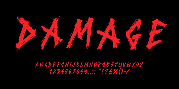 Rock n roll music font, graffiti type, grunge typeface, punk alphabet on black background, vector typography. Handwritten letters and digits of rock n roll font, red paint brush strokes english abc
