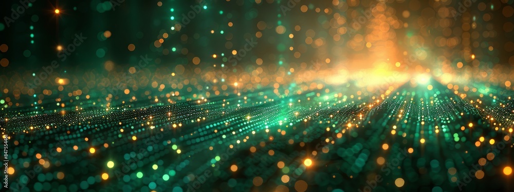 Poster abstract wave with soft green glowing bokeh light background.