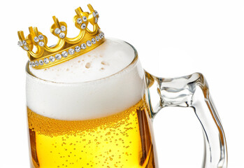 A glass mug of beer with a golden crown resting on the edge.