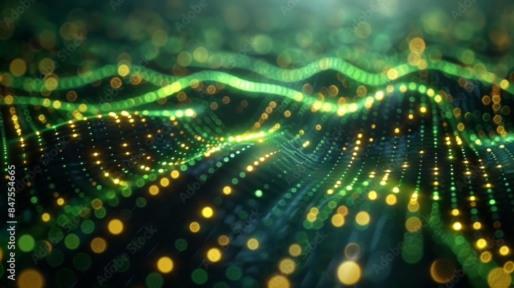 Poster abstract wave with soft green glowing bokeh light background.