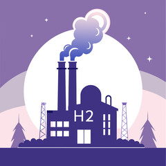 Obraz premium Green Hydrogen H2 Future Energy Power Plant Outline: Silhouette of Industrial Factories and Power Plants AI Generative