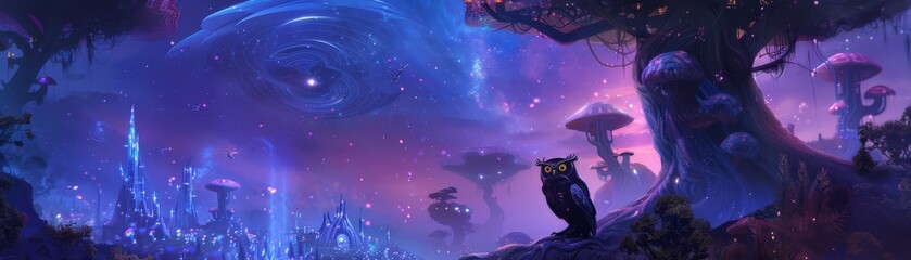 Naklejka premium Surreal fantasy landscape with glowing purple hues, featuring a mysterious owl and peculiar trees under a starry sky.