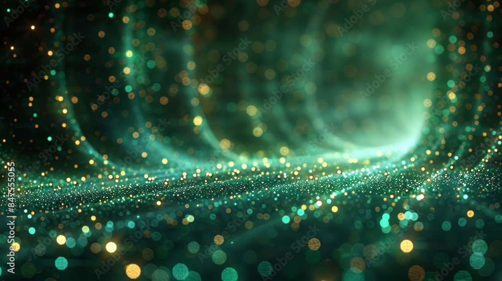 Poster abstract wave with soft green glowing bokeh light background.