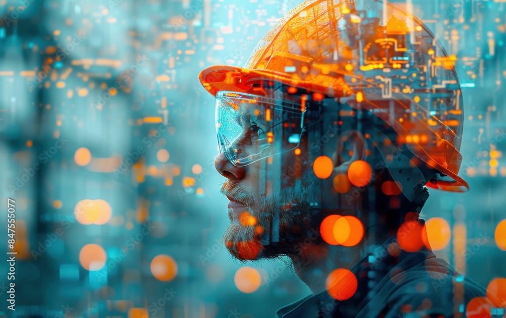 Poster a man wearing an orange hard hat and goggles is looking at a computer screen. the image is a digital