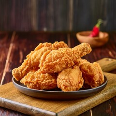 fried chicken on a plate wooden background