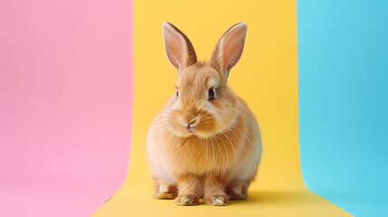 Obraz premium A live brown rabbit sits on top isolated on colorful background