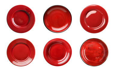 Collection of empty red plate isolated on a transparent background, top view, cut out, PNG