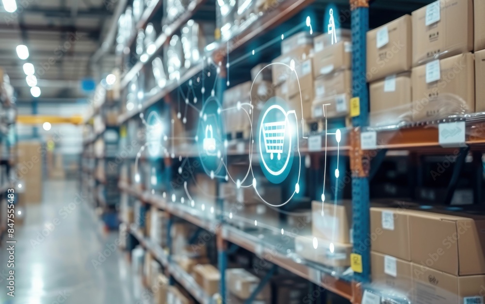 Poster a warehouse with a computer screen showing a 3d image of a shopping cart. the image is meant to repr