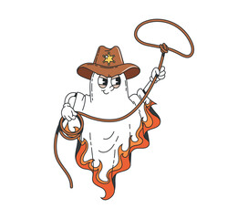 Cartoon Halloween groovy ghost character donning sheriff cowboy hat with star and spinning lasso. Isolated vector funny spook personage ready for wild west adventures and trick or treat party night
