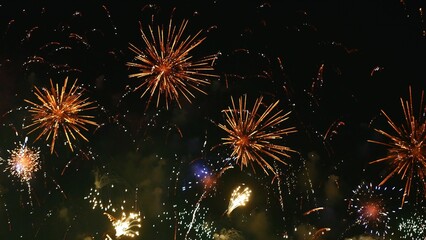 Golden Firework celebrate anniversary independence day night time celebrate national holiday. Countdown to new year 2024 party time event. Happy new year 2025, 4th of july holiday festival concept