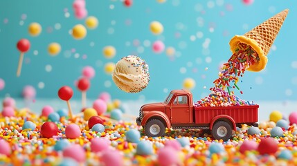 A toy truck pours sprinkles in to a pile with an upturned ice cream cone isolated on colorful background