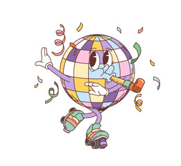 Retro groovy party disco ball character. Isolated cartoon vector funky discoball with roller skates, party horn and confetti celebrating with joyful expression capturing fun and energy of disco dance