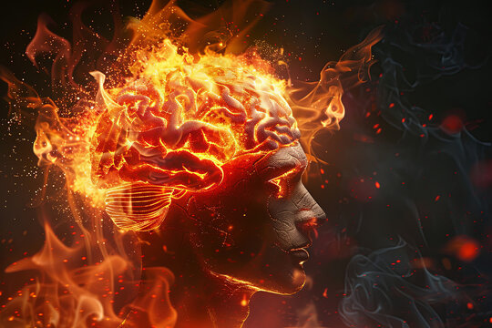 Brain on fire, exploding, depicting neurological disorders like Parkinson's, Alzheimer's, MS