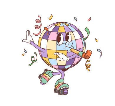 Retro groovy party disco ball character. Isolated cartoon vector funky discoball with roller skates, party horn and confetti celebrating with joyful expression capturing fun and energy of disco dance