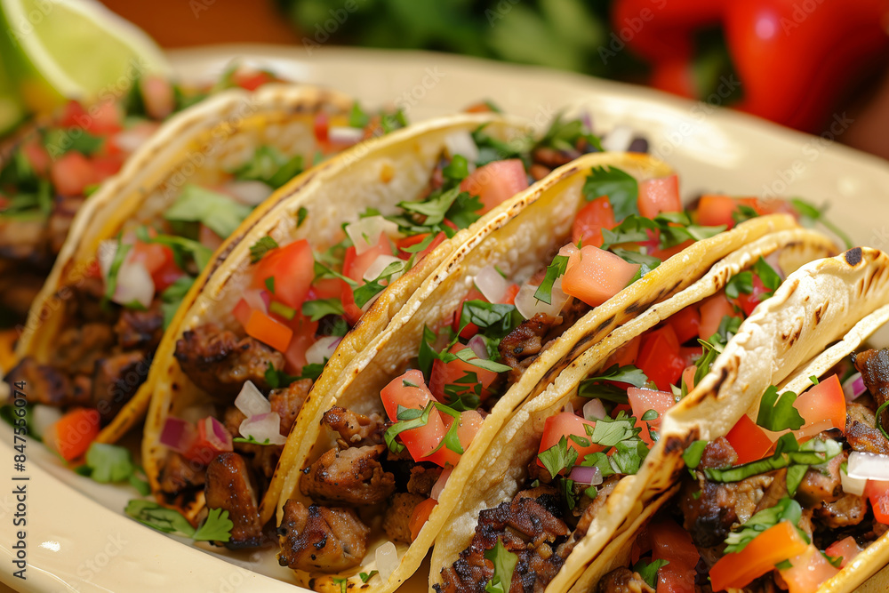 Wall mural Close up of four delicious tacos with toppings - Wall murals