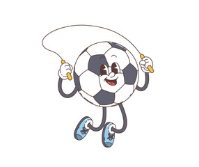 Groovy retro cartoon soccer or football ball character with funky face, vector hippie art. Groovy funny football or soccer ball on sport game jumping with skipping rope with silly happy smile