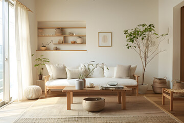 Muji minimalist living room interior design, illustration