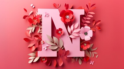 Alphabet flower concept with paper cut N letters isolated on red and pink background