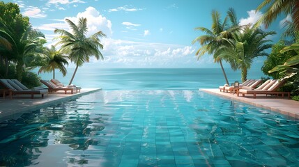 Fototapeta premium Serene Infinity Pool Oasis with Ocean View and Swaying Palm Trees at Luxury Tropical Resort