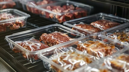 Frozen meat in plastic packages, arranged in crates inside a grocery store refrigerator, ready for shipment, detailed