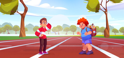 Obraz premium Kid boy with lots of snacks in backpack talking with another one in sportswear standing on running track in public park or stadium on sunny day. Cartoon vector illustration of children activities.