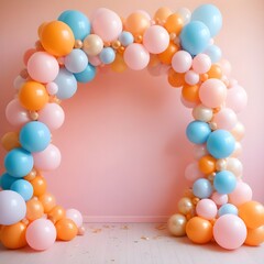 Pastel multicolour balloon arch decoration with pastel backgrounds