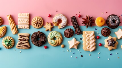 Assortment of christmas cookies and biscuits isolated on colorful background