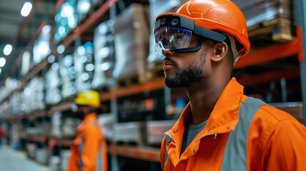 Augmented Reality Warehouse Worker. A warehouse worker in an orange uniform and hard hat uses augmented reality (AR) glasses while working in a modern warehouse environment.