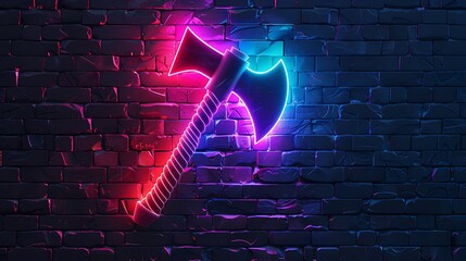 Axe icon with glowing neon colorful lighting on black brick wall
