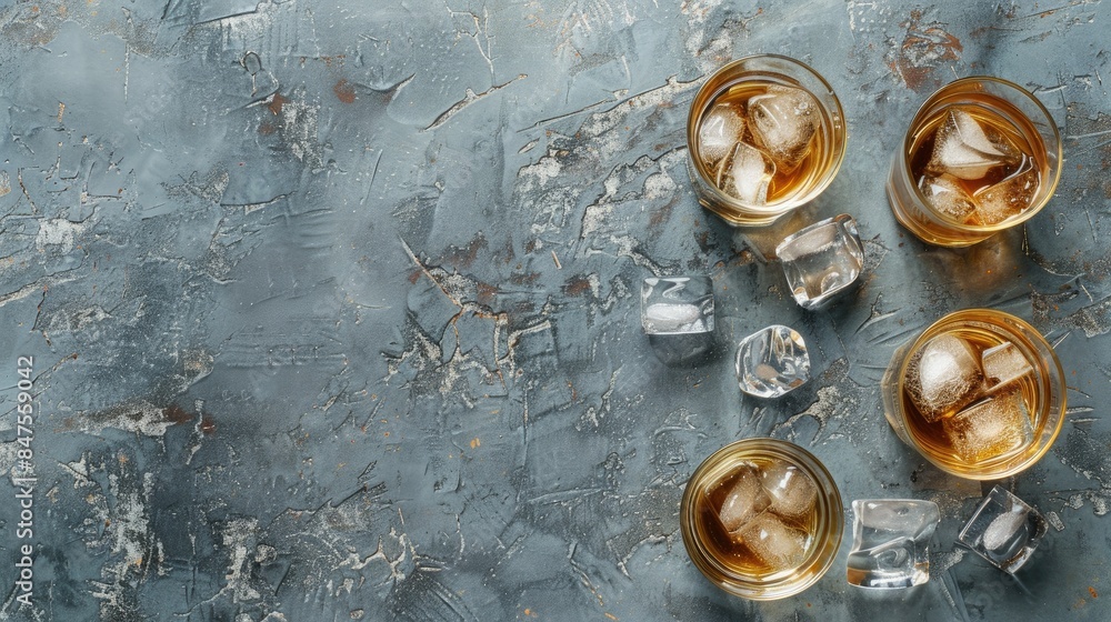 Sticker whiskey and ice in glasses on a textured grey table from above room for adding text