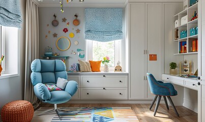 a modern children's room with a white cabinet, blue chair, desk with books, wooden floor, light gray walls, colorful decorations, and natural lighting