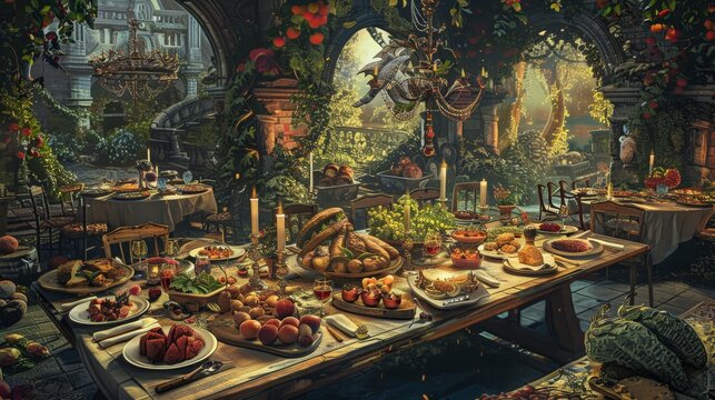 Lavish outdoor medieval feast setting with abundant food, greenery, and candles, creating a festive and enchanting atmosphere.