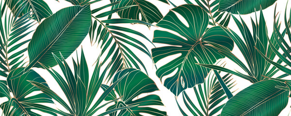 Luxury green summer tropical seamless pattern with green monstera leaves, fern and other tropical plants. Floral print, vector illustration.