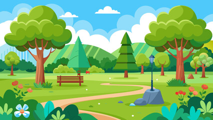 Obraz premium green lawn in the park in summer silhouette illustration