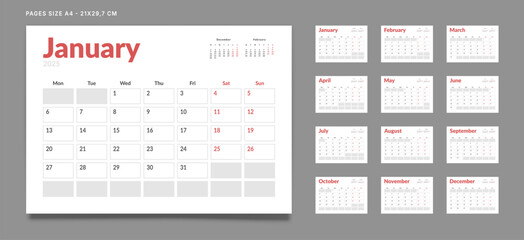 Set of 12 Pages Monthly Calendar Planner Templates on 2025 year. Vector mockup of a wall or desktop calendar with the week start on Monday for print. Pages size A4 -21x29.7cm