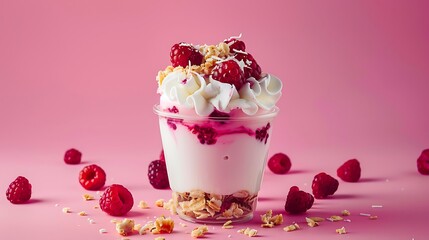 Berry dessert with yogurt in a cup of coconut isolated on colorful background