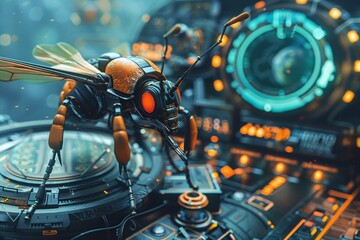 Fototapeta premium Cyborg Bee in a Futuristic Setting.