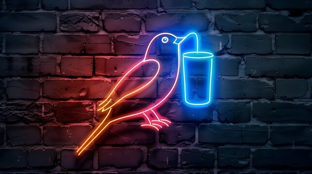 Bird drinker icon with glowing neon colorful lighting on black brick wall
