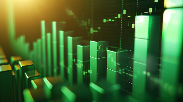 Bar charts with green color going up and down for positive Eco-investing stock market or green investment banking charts