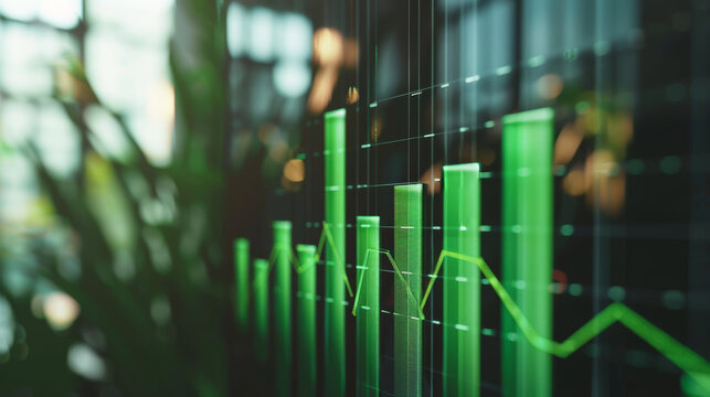 Bar charts with green color going up and down for positive Eco-investing stock market or green investment banking charts
