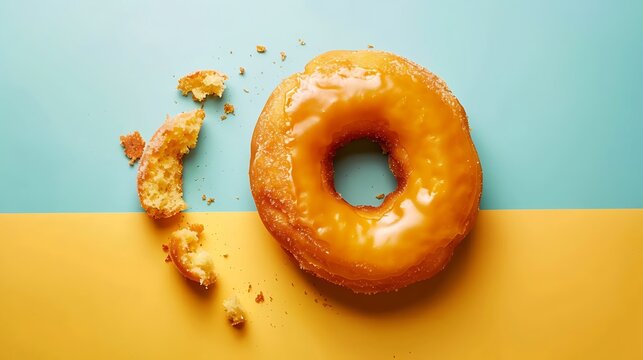Bitten glazed donut with crumbs isolated on colorful background